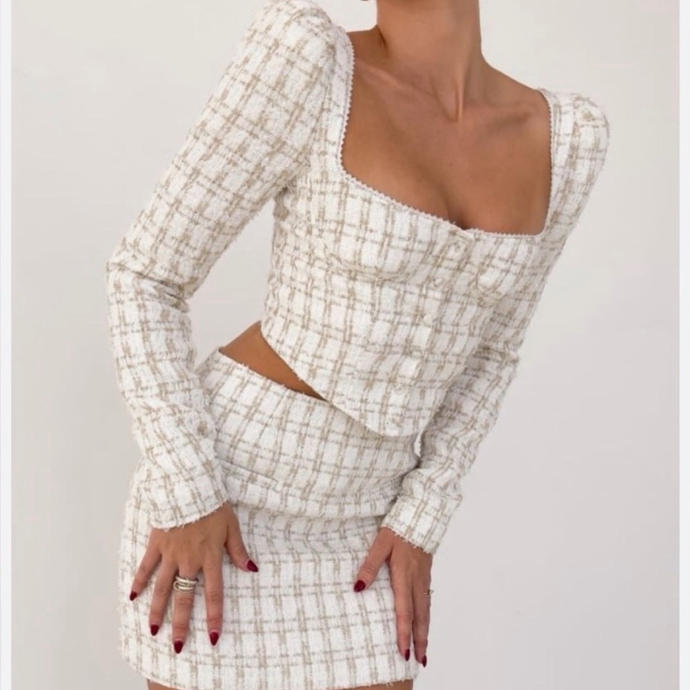 Rumored Charlotte Tweed Bustier Top White Gold Pearl Shimmer (S) NWT